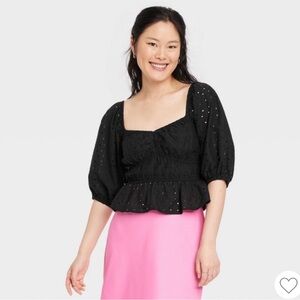 NEW- A New Day Puff Elbow Sleeve Eyelet Shirt Black | Size m